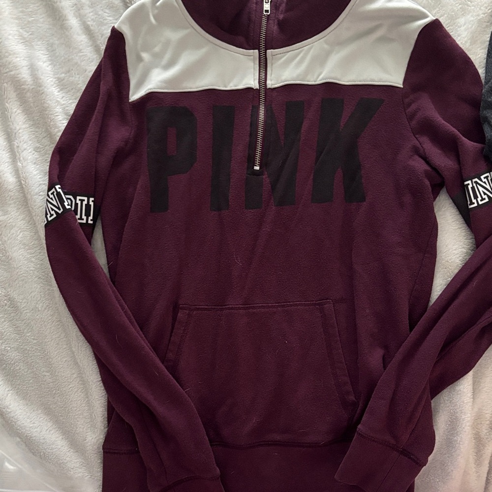 PINK Victoria's Secret Burgundy and White Quarter-Zip Pullover - Picture 2 of 15